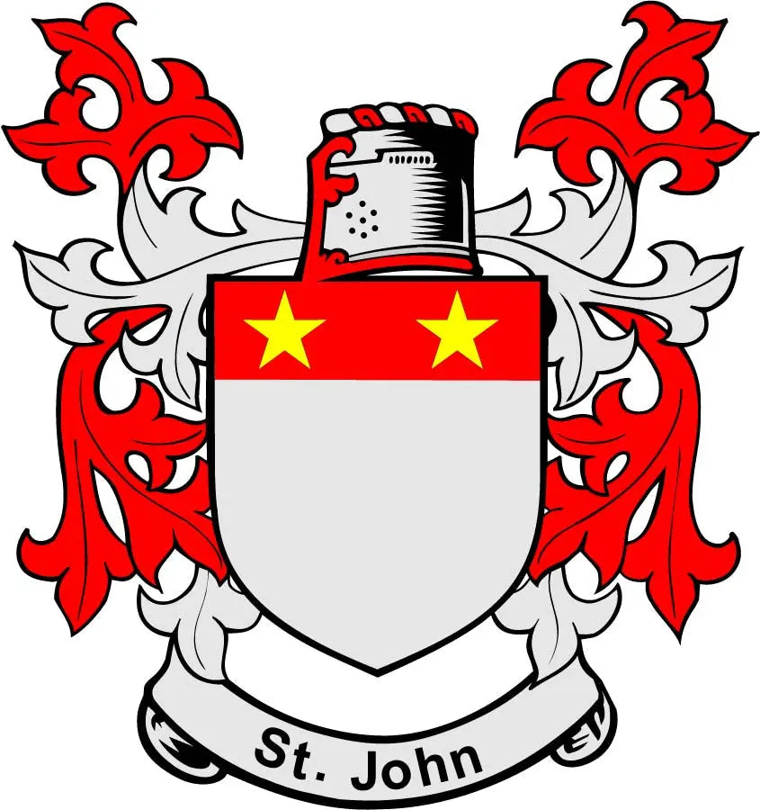 St John family crest arms magnet with red and white shield and St. John ribbon