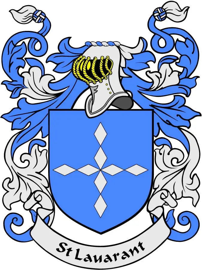 St Laurent family crest magnet with blue shield, white stars, and ornate gold crown
