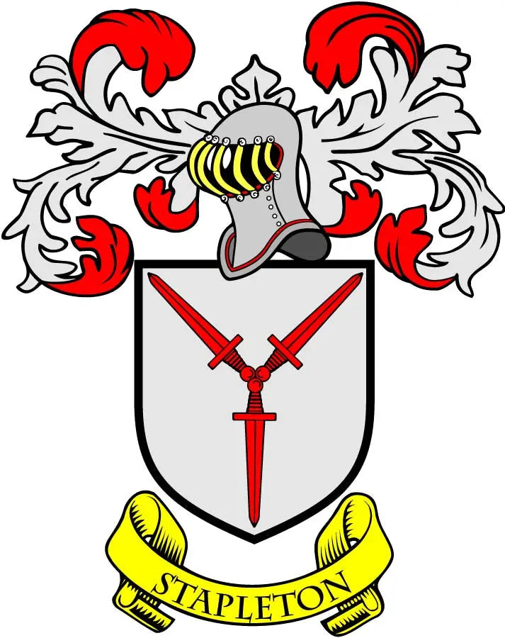 Family crest coat of arms magnet, gray shield with red flames and red sword, STAPLETON banner