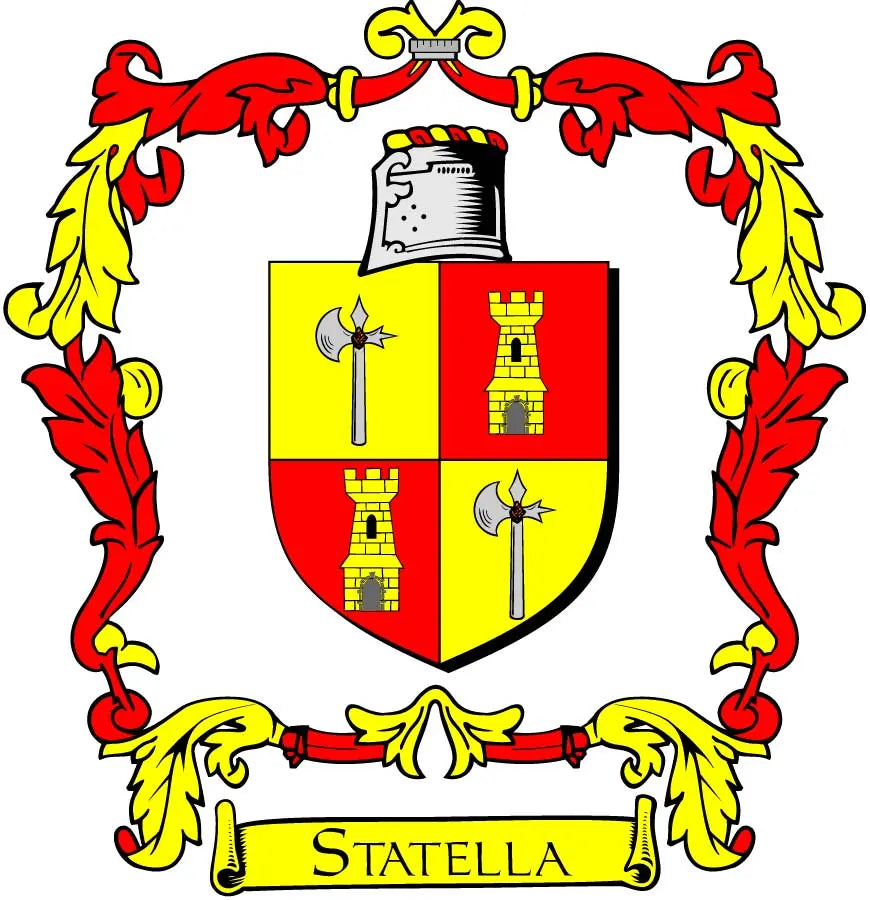 Family crest coat of arms arms magnet with yellow and red shield, banner reading STATELLA