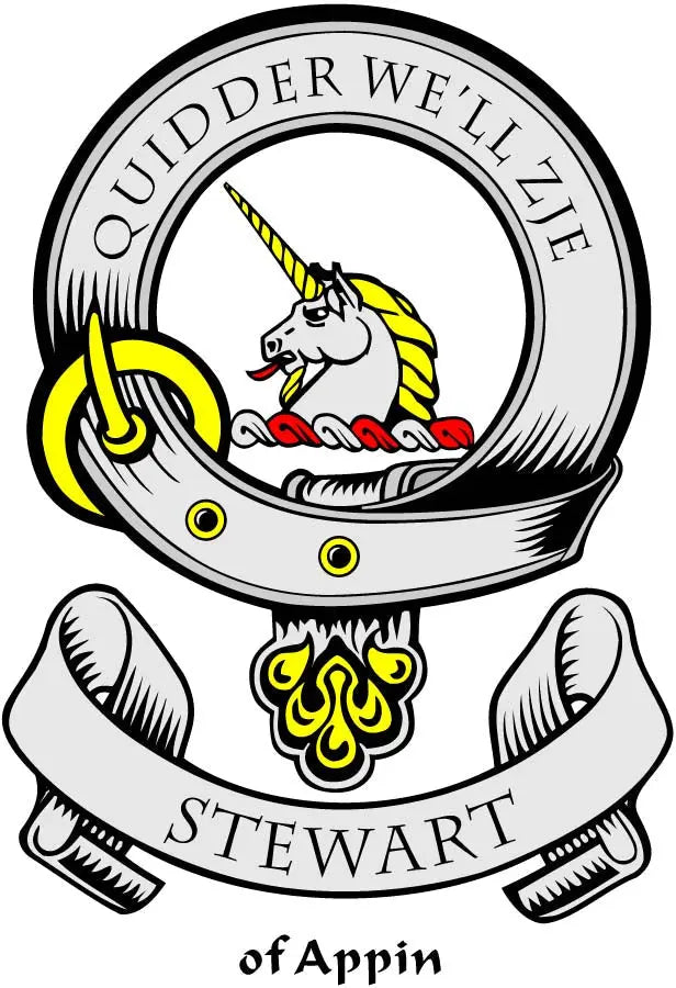 Round enamel family crest pin: unicorn in helmet, yellow/black, 'STEWART of Appin' text