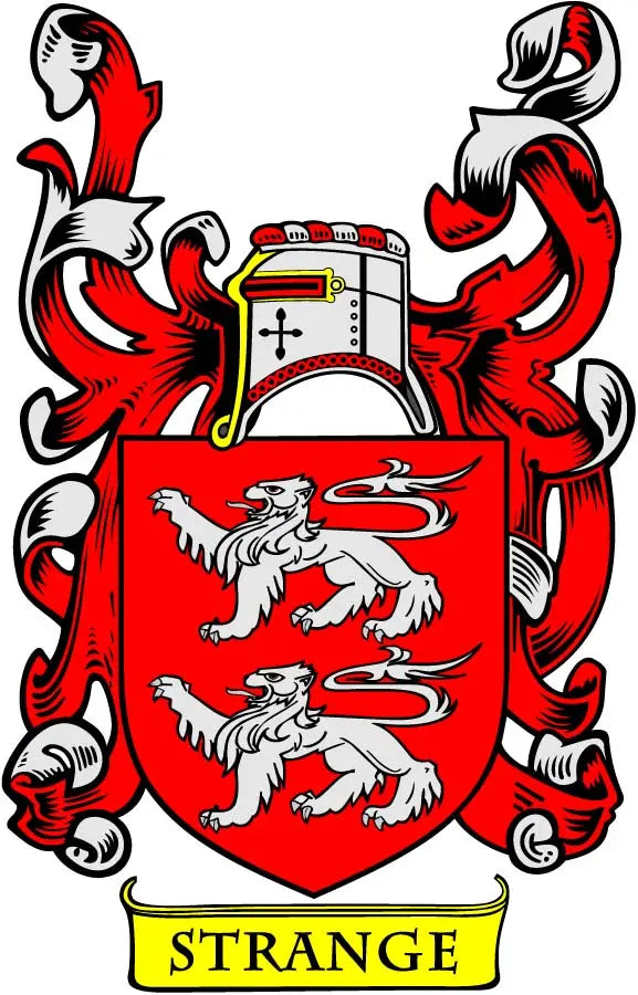 Coat-of-arms magnet with red shield, white lions, and ribbon reading STRANGE