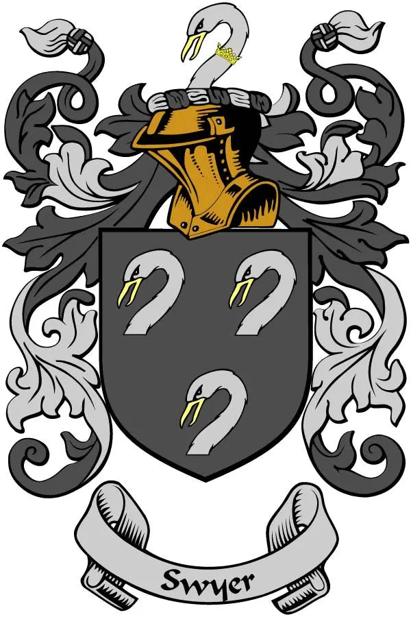 Swyer family crest coat-of-arms magnet: black & gold shield, 'Swyer' ribbon, 3-inch