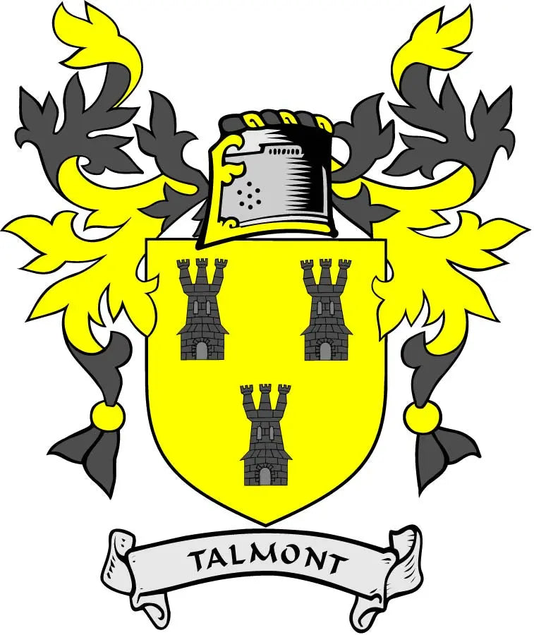 Coat of arms crest magnet with yellow shield, black towers, and Talmont banner