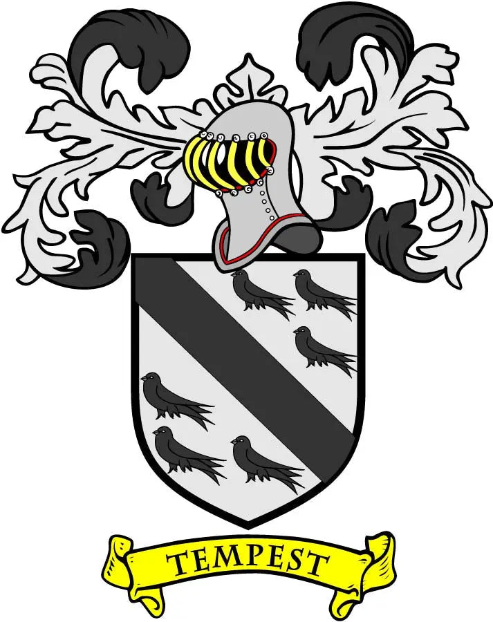 Tempest family crest coat of arms magnet with black and white shield, yellow banner