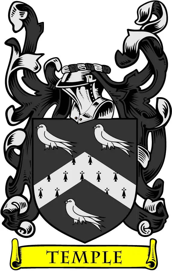 Family crest coat arms magnet with dark birds and banner reading TEMPLE