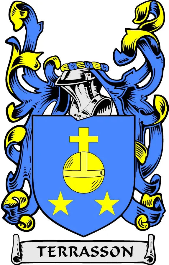 Terrasson family crest enamel pin with blue shield, yellow cross, stars, and banner text
