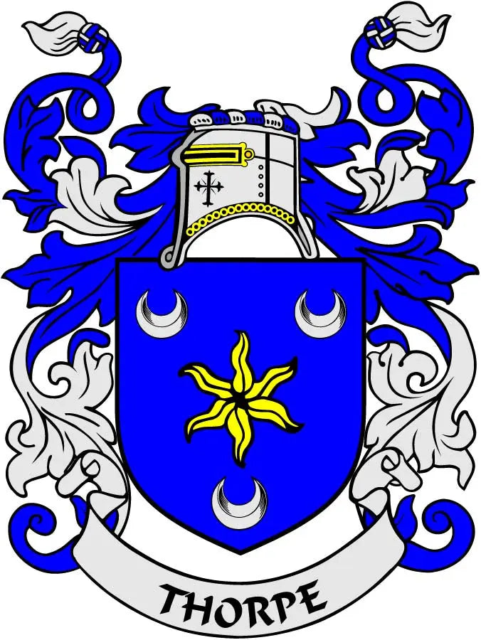 Thorpe family crest arms magnet with blue shield, gold star, white scroll, THORPE motto
