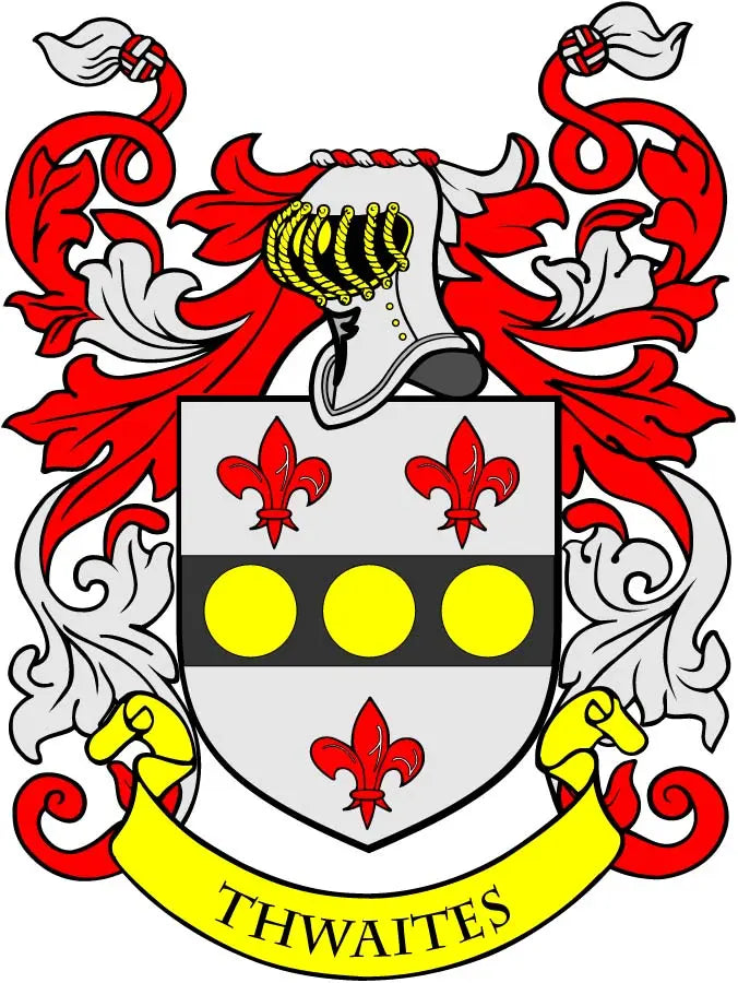 Family crest coat of arms magnet with red lion, white shield, yellow dots, THWAITES banner