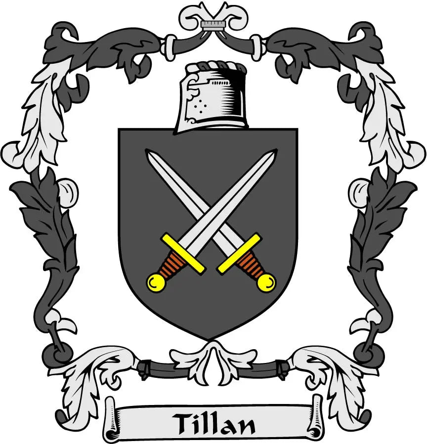 Tillan family crest coat of arms shield magnet with crossed swords and laurel wreath