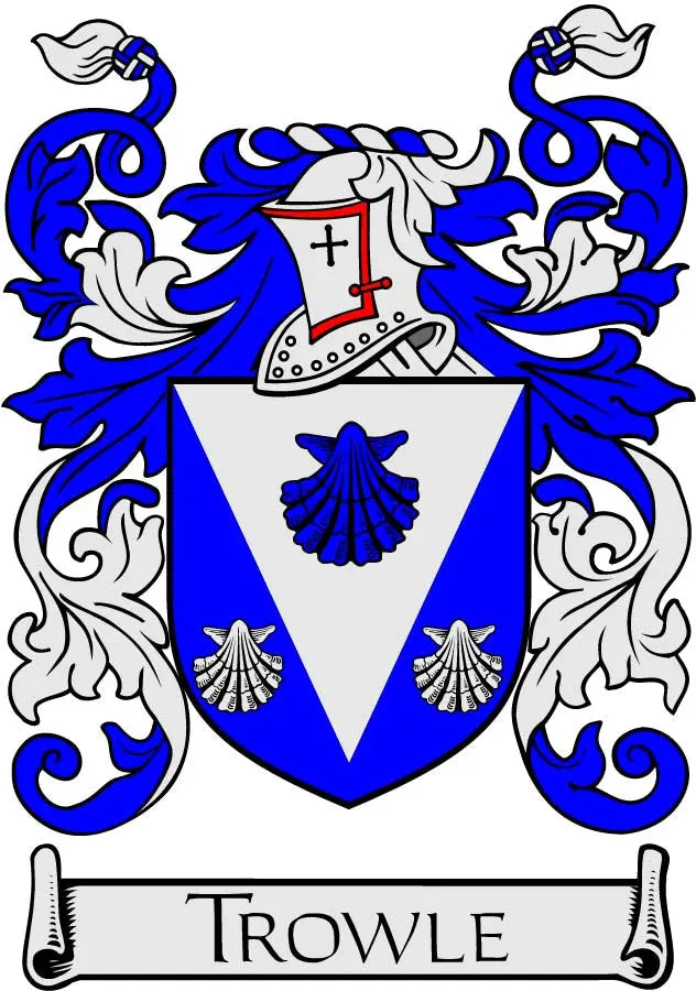 Trowle family crest coat of arms magnet with blue shield and white ribbon