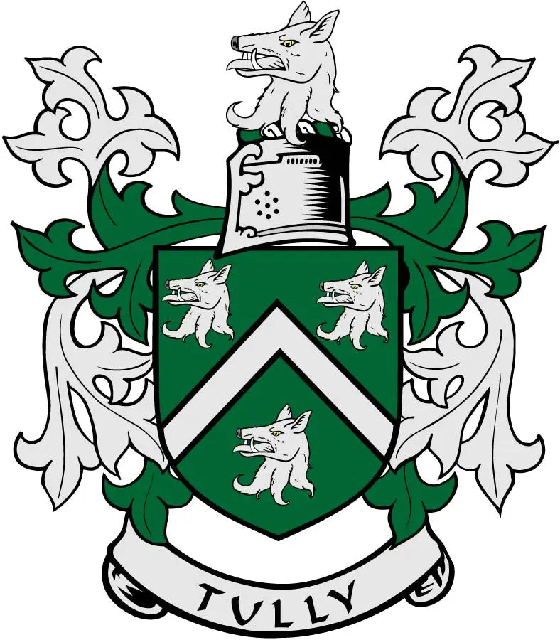 Tully family crest magnet with green/white shield and banner, 3-inch