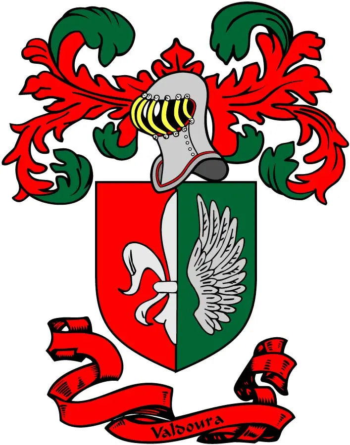 Family crest coat of arms pinback with red, green, and white shield design