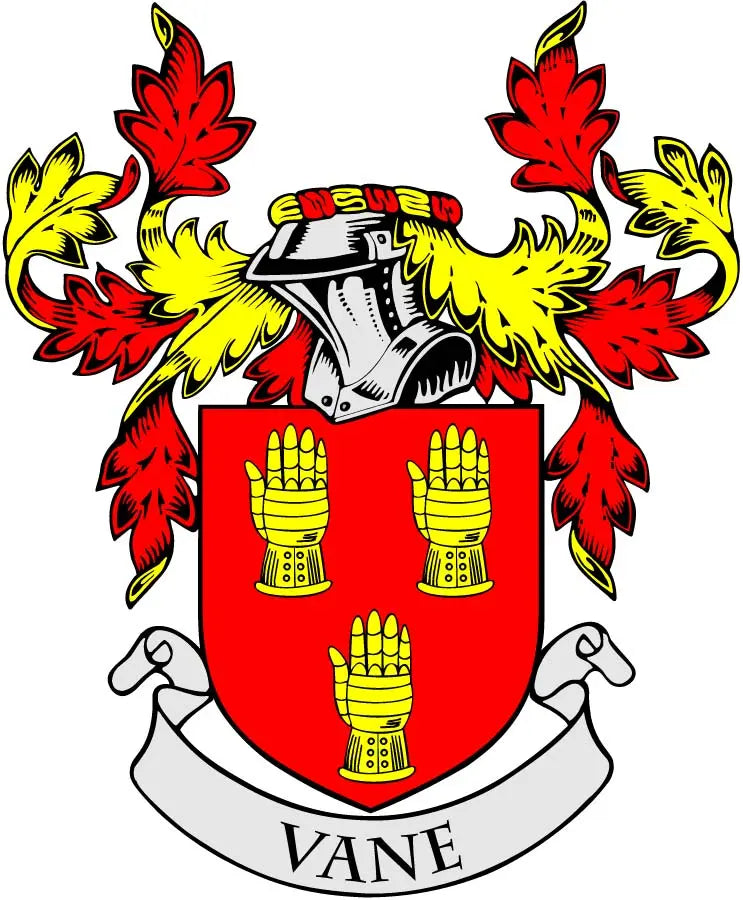 Family crest pinback badge with red-and-yellow coat of arms shield and VANE ribbon