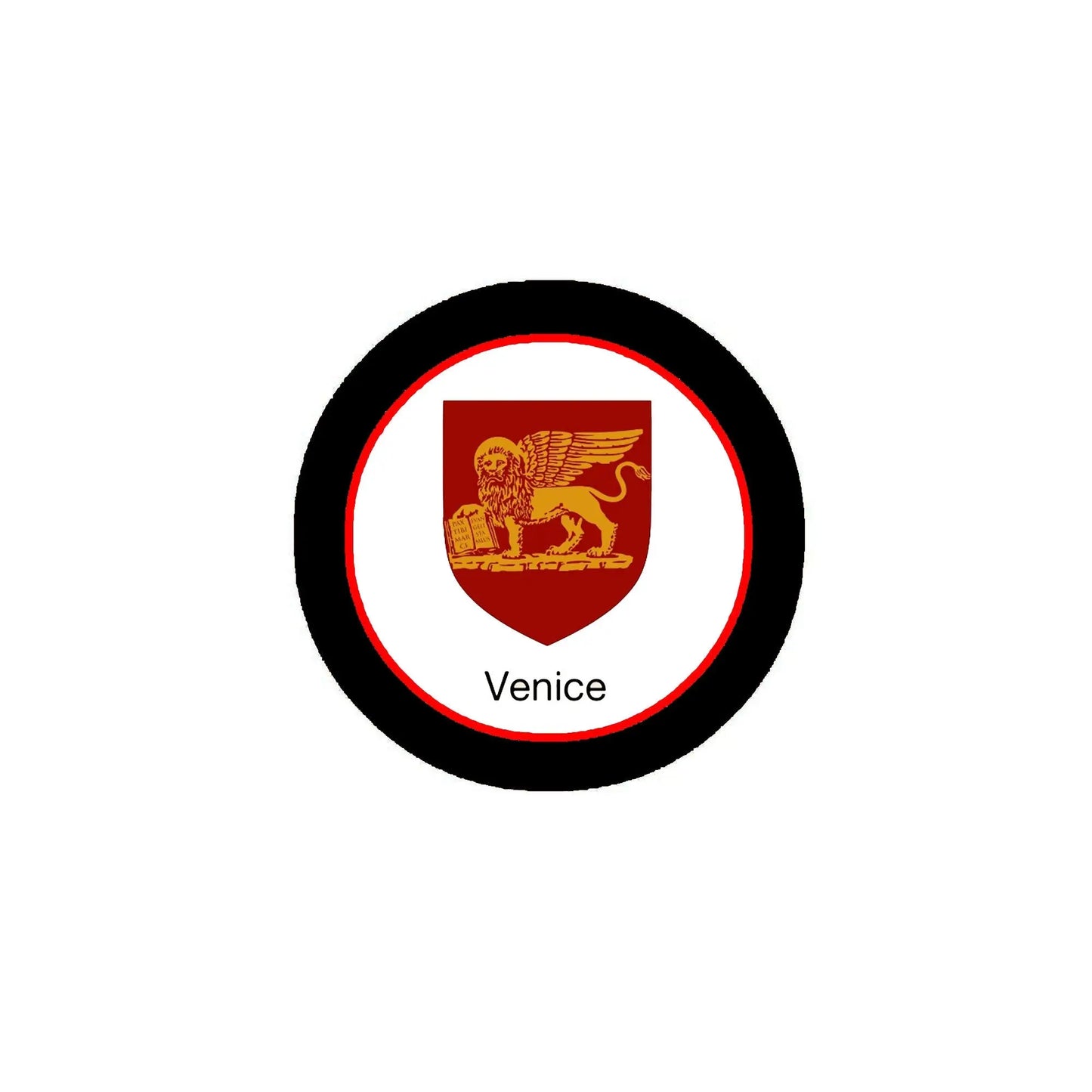 Round 3-inch Venice family crest arms magnet with black border and lion shield