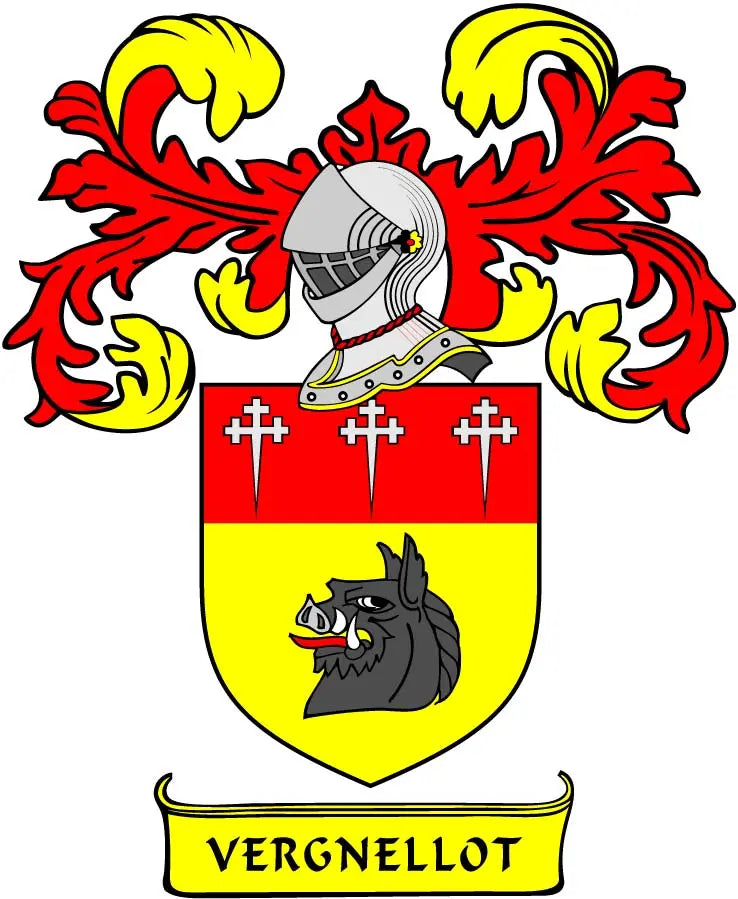 3-inch coat-of-arms family crest magnet with shield, helmet, red/yellow dragons and VERGNELLOT text
