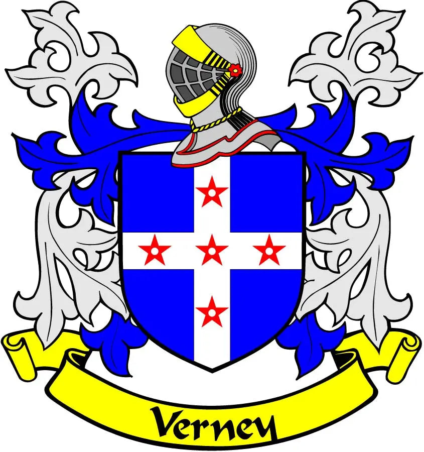 Family crest coat of arms magnet with blue shield, red stars, white cross, and Verney banner