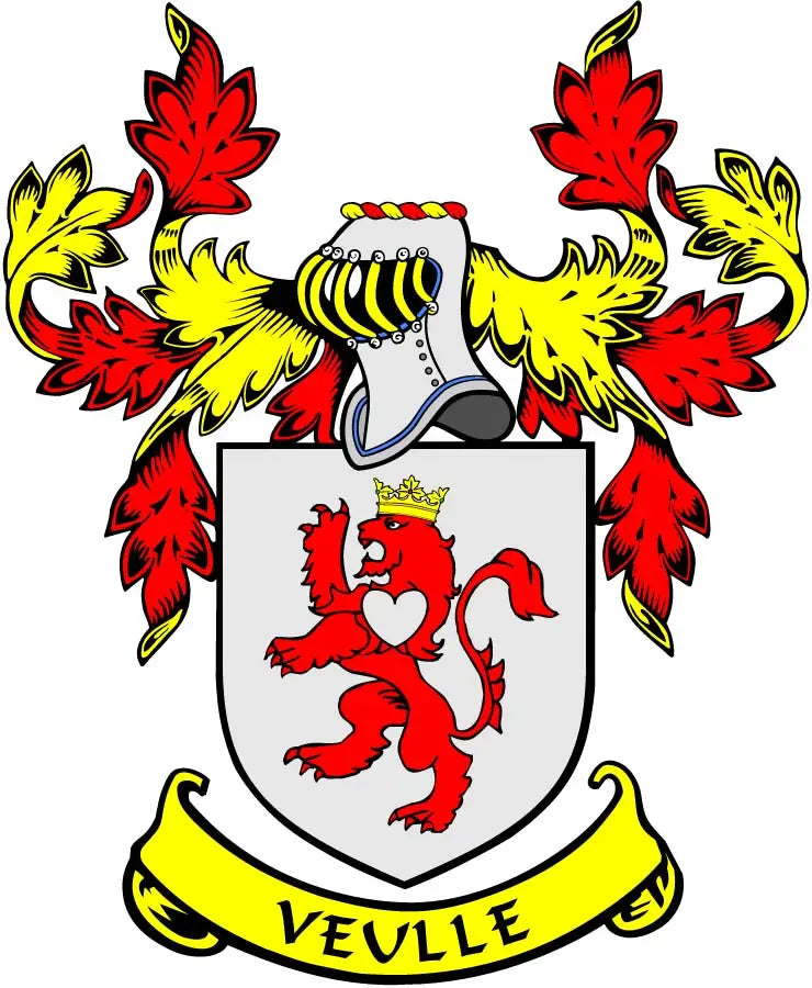 Family crest coat arms magnet with shield and lion, colorful leaves, “VEULLE” banner
