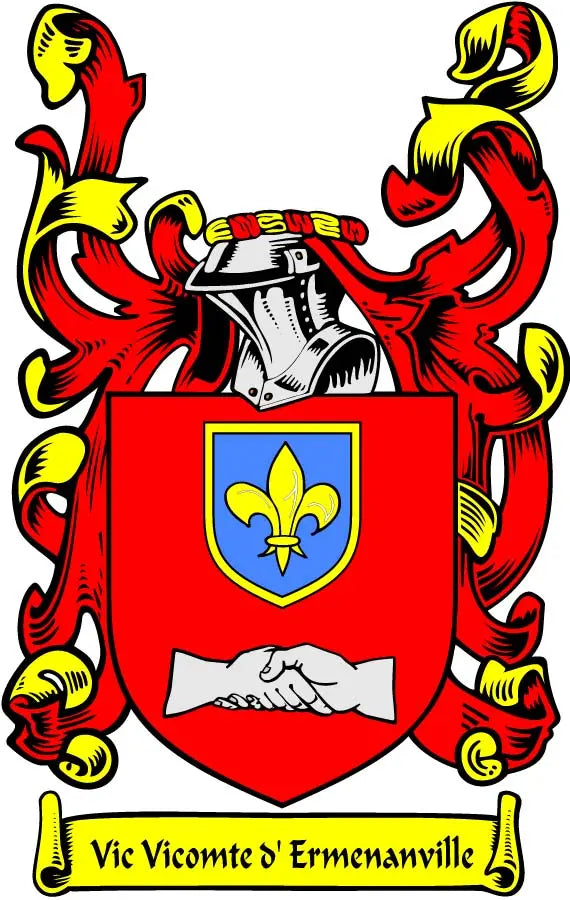 Family crest coat arms magnet with red lion shield, fleur-de-lis, and ribbon text