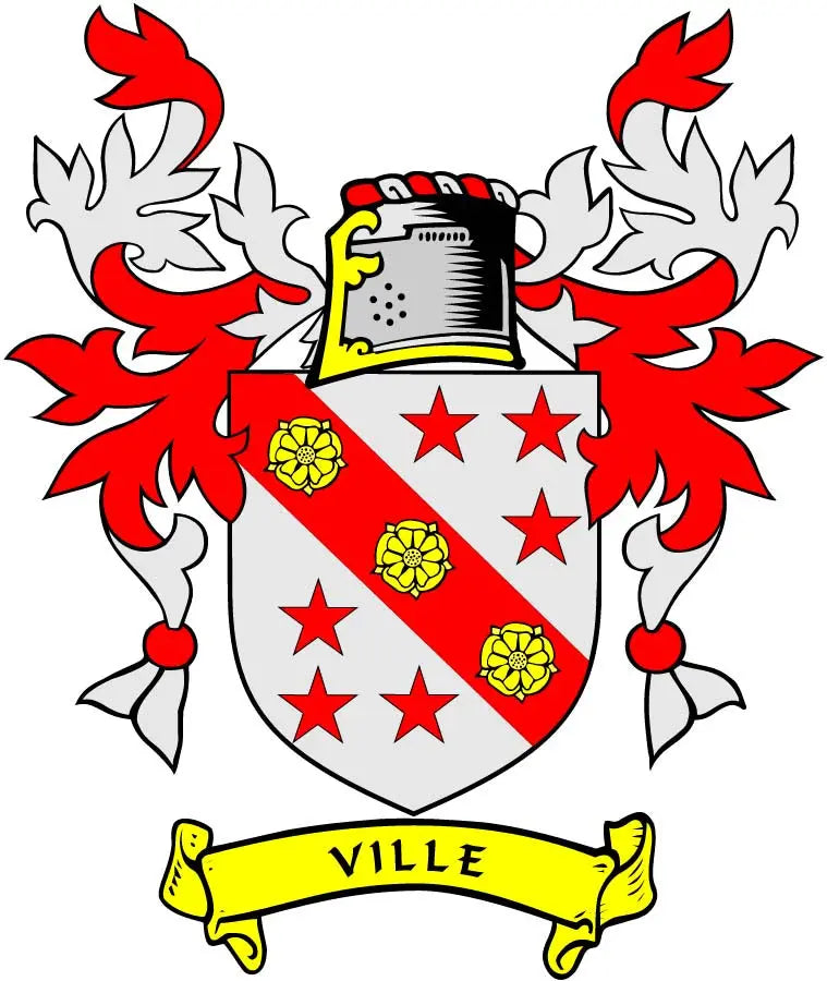 Family crest coat arms magnet with Ville banner and red star shield, 3-inch