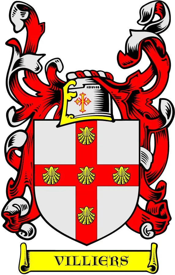 Villiers family crest coat arms magnet with red-and-white shield and VILLIERS banner