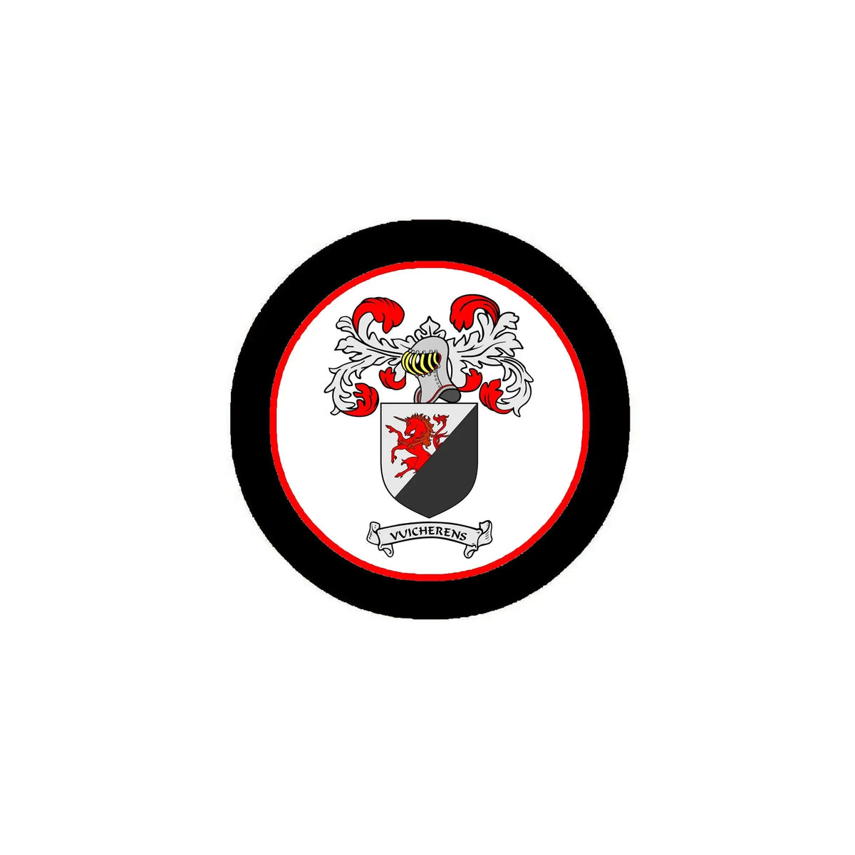 Round family crest arms magnet with black rim and red-white shield emblem