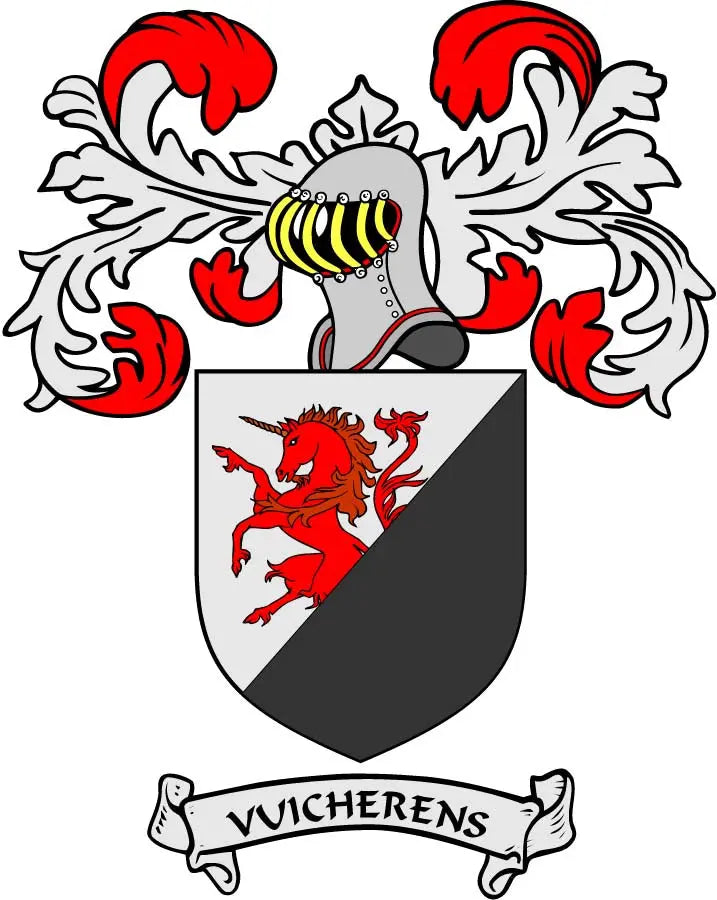 Family crest pinback badge with red lion on shield and banner reading VUICHERENS