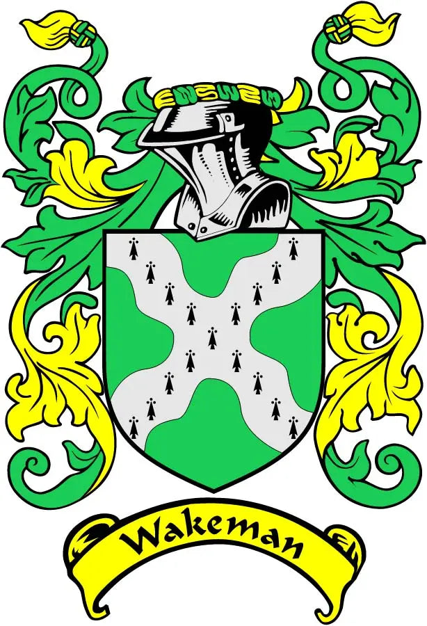 Wakeman family crest magnet with green-and-gold shield design and banner