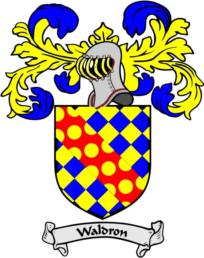 Waldron family crest coat of arms pinback with blue, yellow, and red shield design