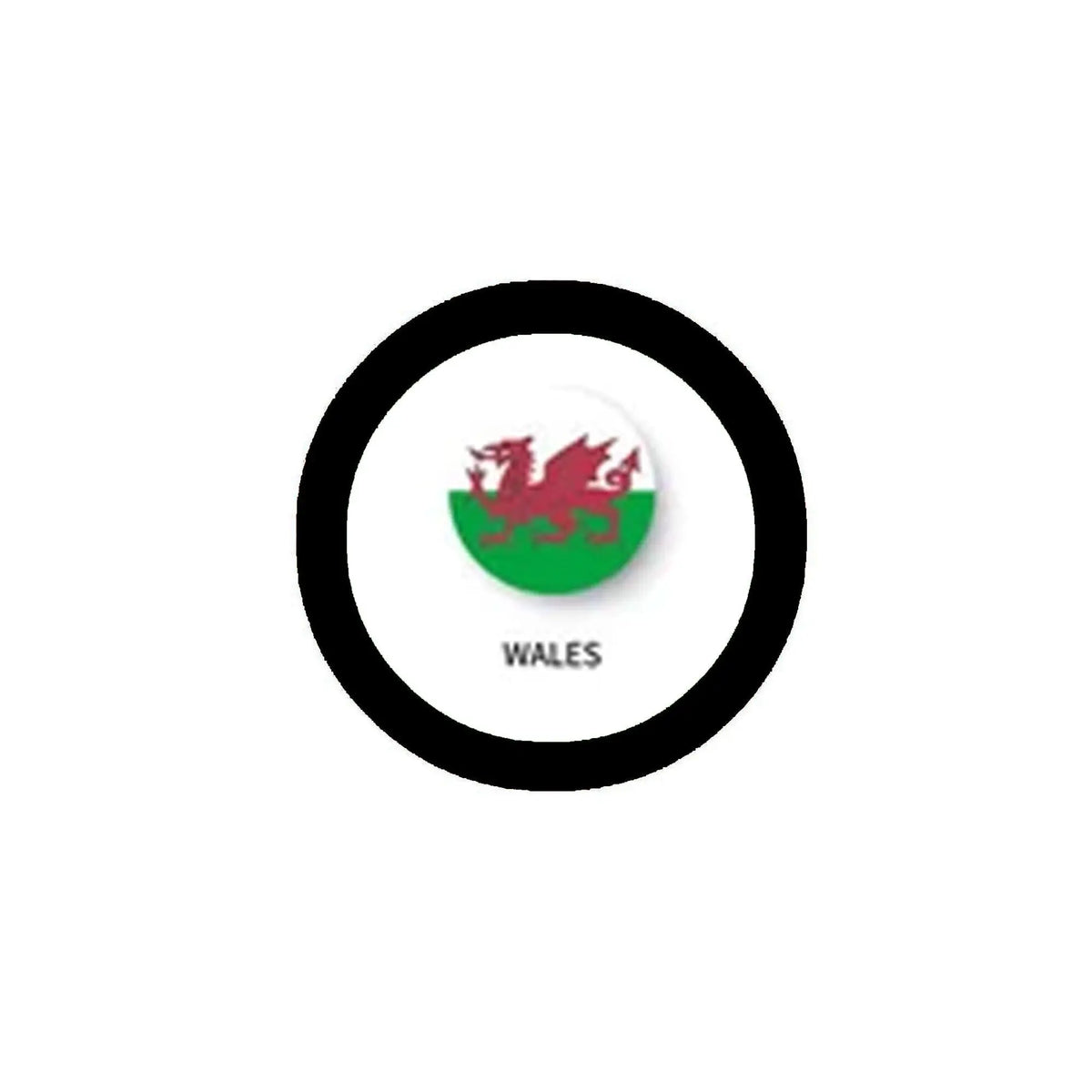 Wales crest coat of arms magnet, round black ring with dragon and 'WALES' text