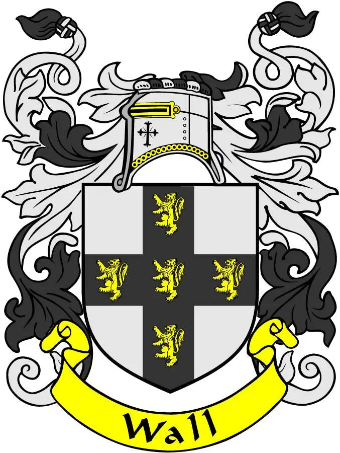 Family crest coat of arms pinback with shield, gold lion detail, and ribbon text "Wall"