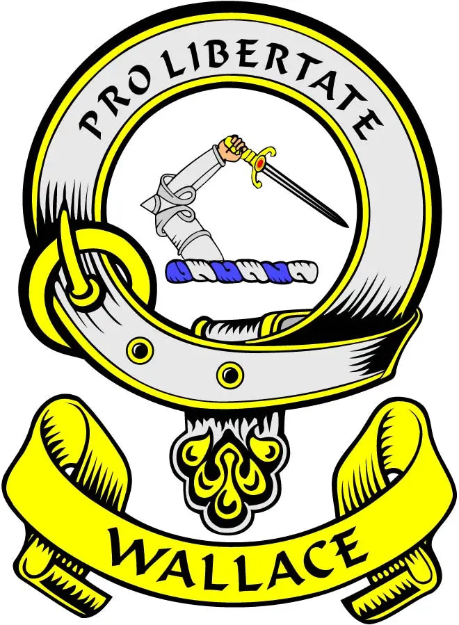 Round Wallace coat-of-arms magnet with helmet, crossed weapons, and WALLACE text