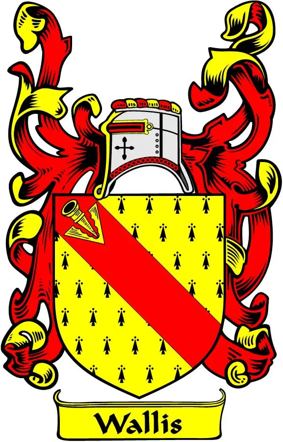 3-inch Wallis family crest coat arms magnet with red and yellow shield and Wallis banner