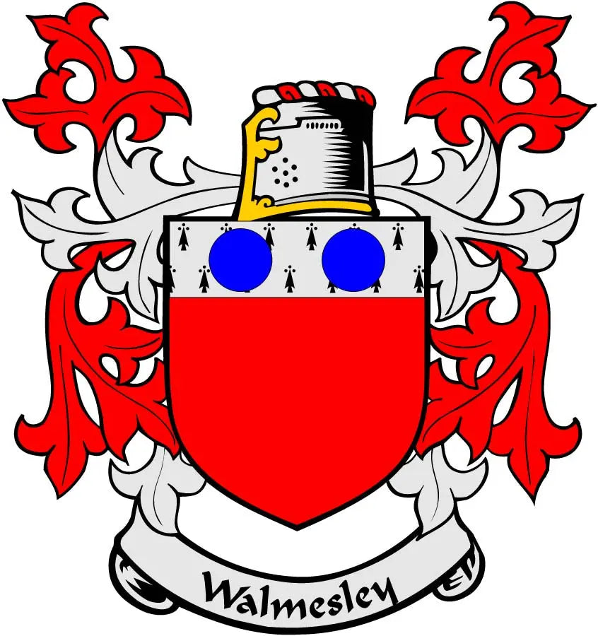 Walmesley family crest pinback with red shield, blue dots, black castle, and banner