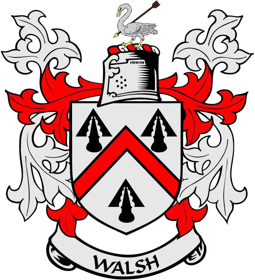 Walsh family crest coat of arms magnet with shield, red chevron, and banner
