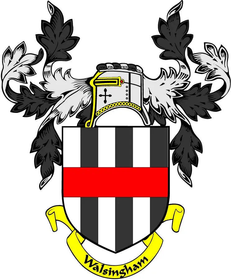 Family crest coat arms magnet with Walsingham shield and striped panels, 3-inch