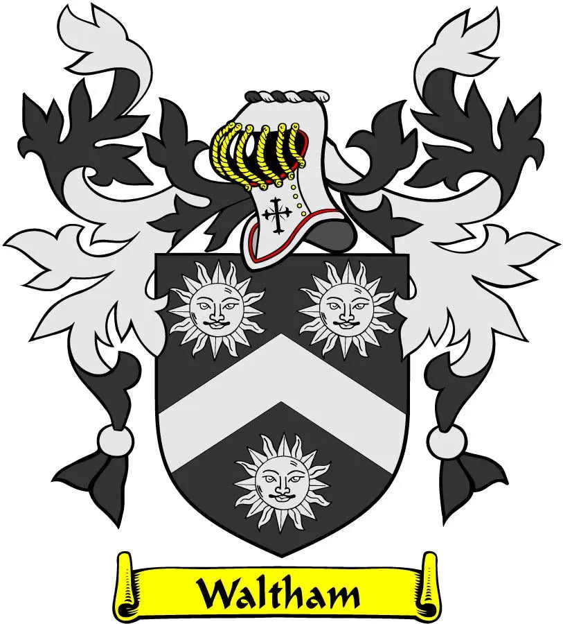 3-inch Waltham family crest coat arms magnet with shield, sun faces, and ribbon