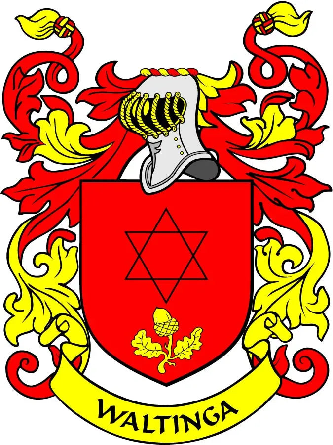 Family crest coat arms magnet with red shield, Star of David, menorah, and WALTINGA text