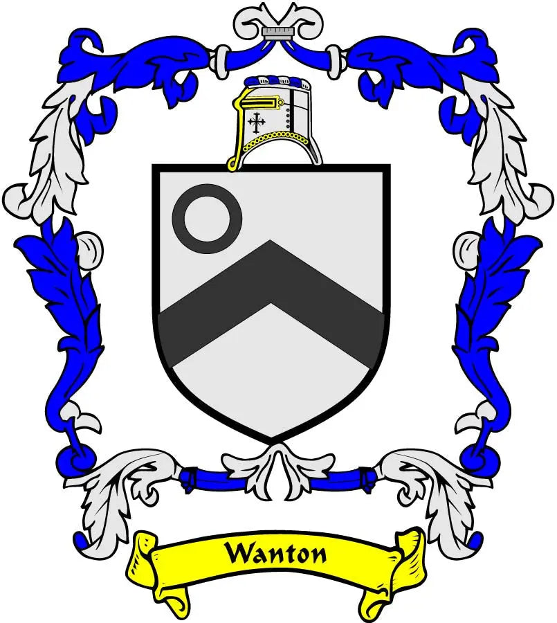 Wanton family crest coat of arms magnet with shield and blue banner reading "Wanton"