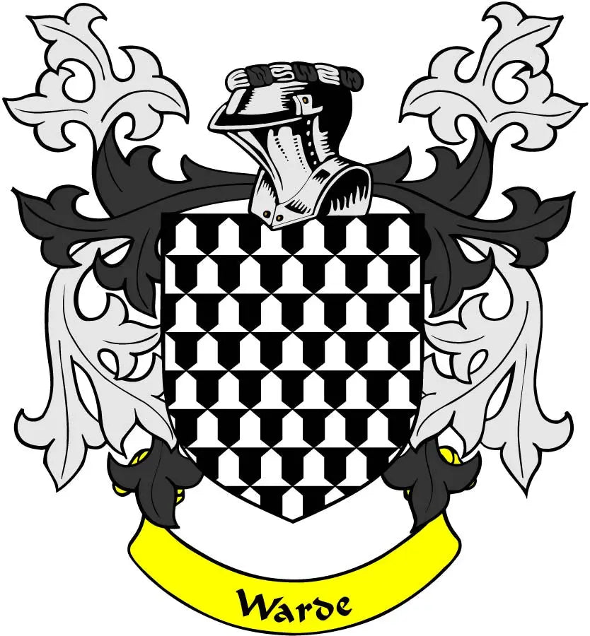 Warde family crest magnet with black checkered shield, helmet, and yellow ribbon