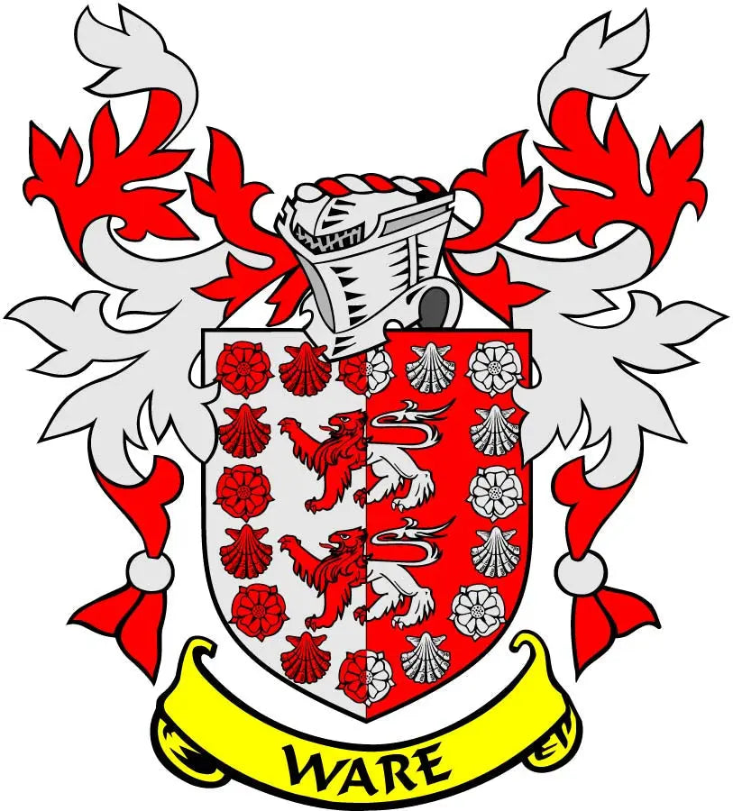 Coat of arms magnet featuring red-and-white crest shield and yellow WARE banner