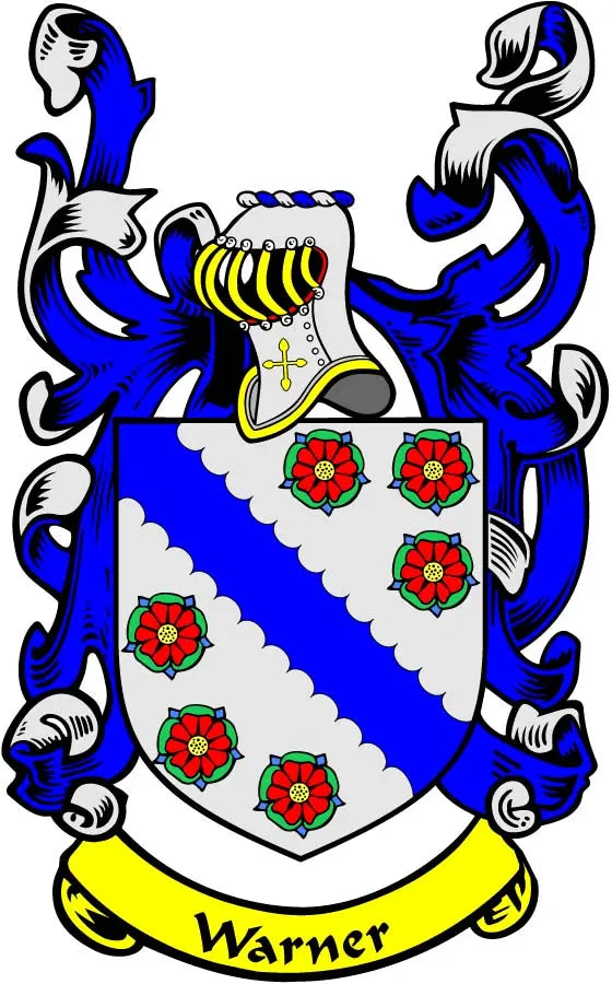 3-inch family crest magnet with blue and gold shield, red flowers, and Warner banner