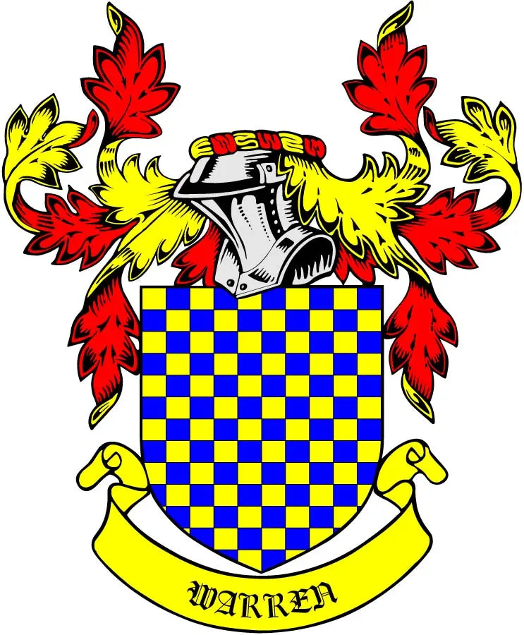 Warren family crest arms magnet with blue-and-yellow checkered shield and helmet