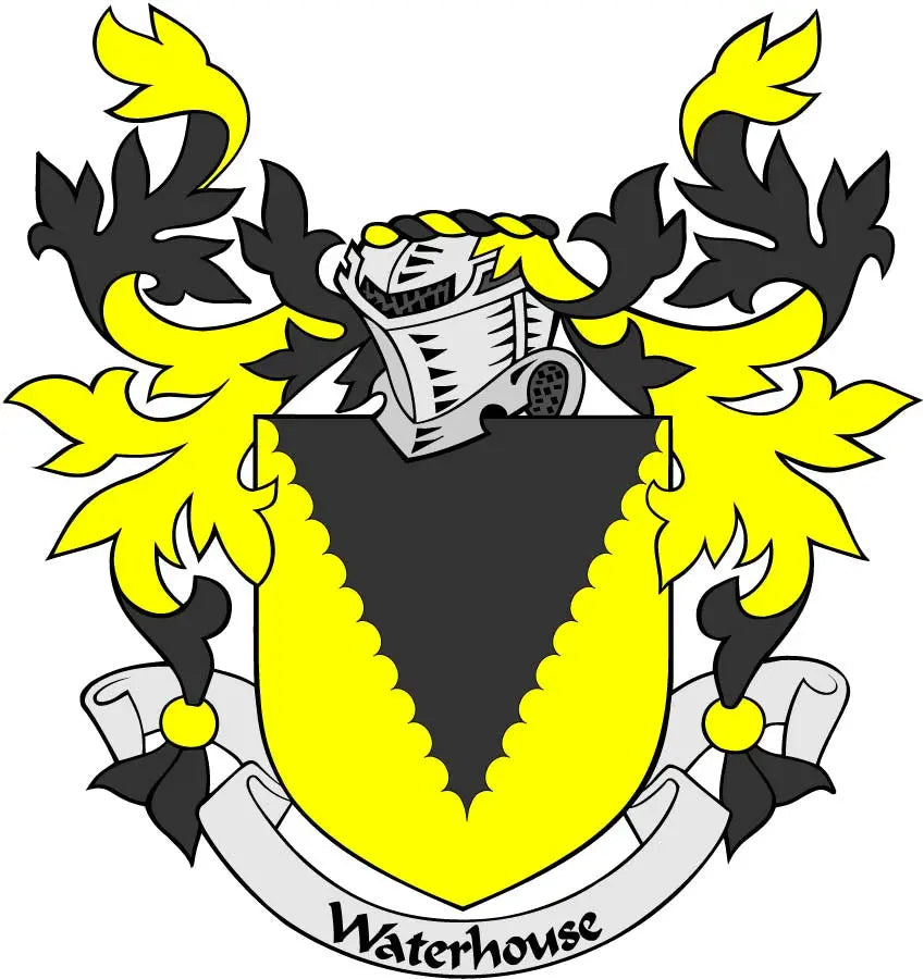 Waterhouse family crest pinback with yellow-and-black shield and Waterhouse banner