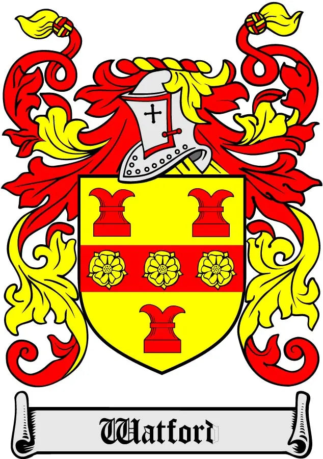 Watford crest coat arms magnet with red-and-gold shield and Watford banner.