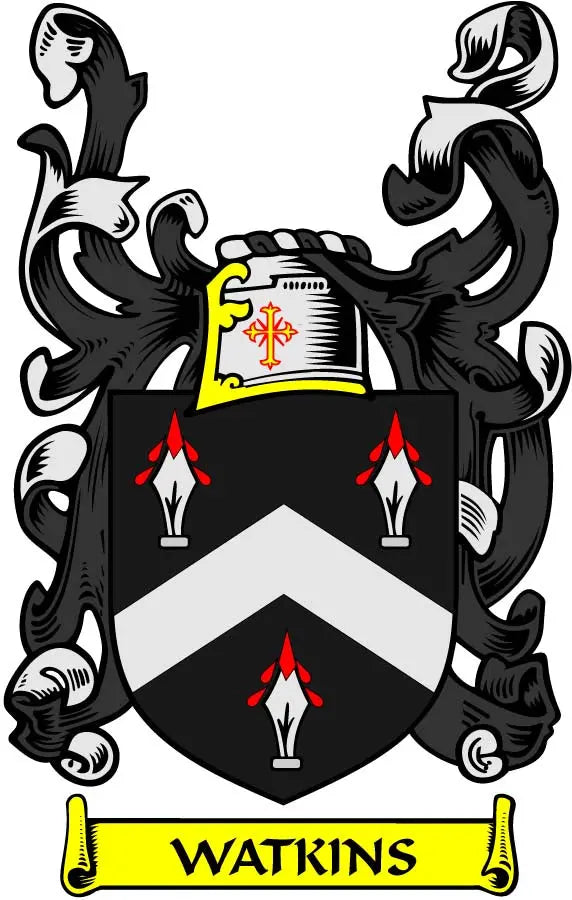 Watkins coat of arms magnet with black shield, white chevron, red fleur-de-lis, WATKINS ribbon