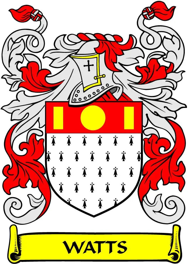 Watts family crest coat-of-arms magnet with red shield and yellow banner reading WATTS