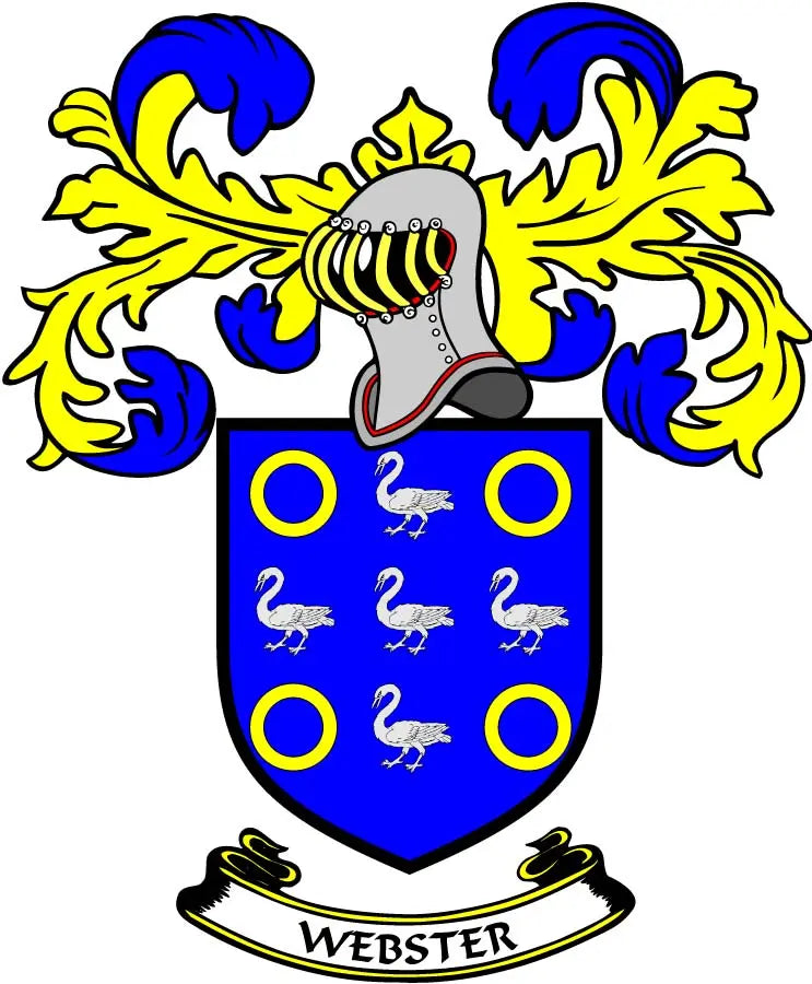 Webster family crest coat of arms magnet: blue shield with birds, crown, and lions