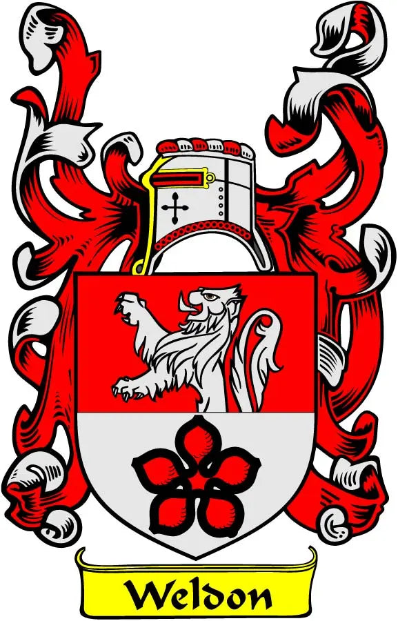 Family crest magnet with red-and-white shield, black details, and yellow 'Weldon' banner