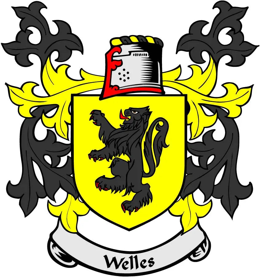 Welles family crest magnet with yellow shield, black lion, and flame-style border